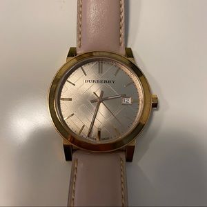 Pink leather band gold Burberry watch
